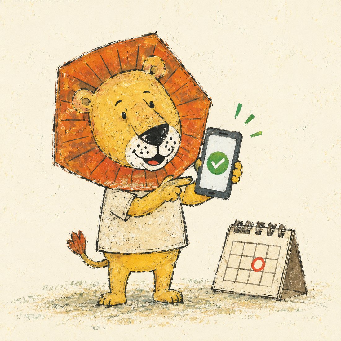 スマートフォンで予約完了を確認するライオンのイラスト
