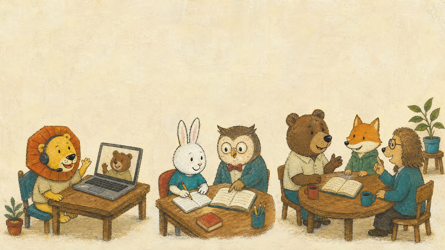 ライオンがオンラインで先生と話し、ウサギがフクロウの先生と読み書きを学び、クマやキツネたちが本を囲んで英語で話している教室のイラスト