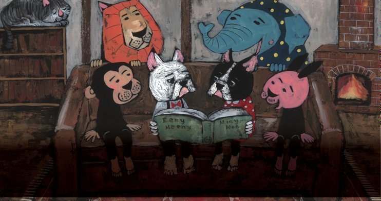 ソファに並んだ動物たちが『Eeny Meeny Miny Moe』の絵本を一緒に読んでいるイラスト