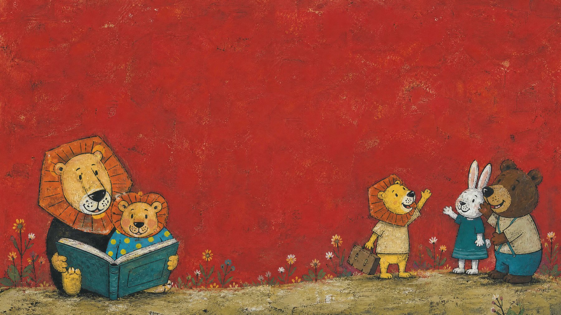 絵本を読むライオンの親子と、旅に出るライオン、手をふるウサギとクマのイラスト