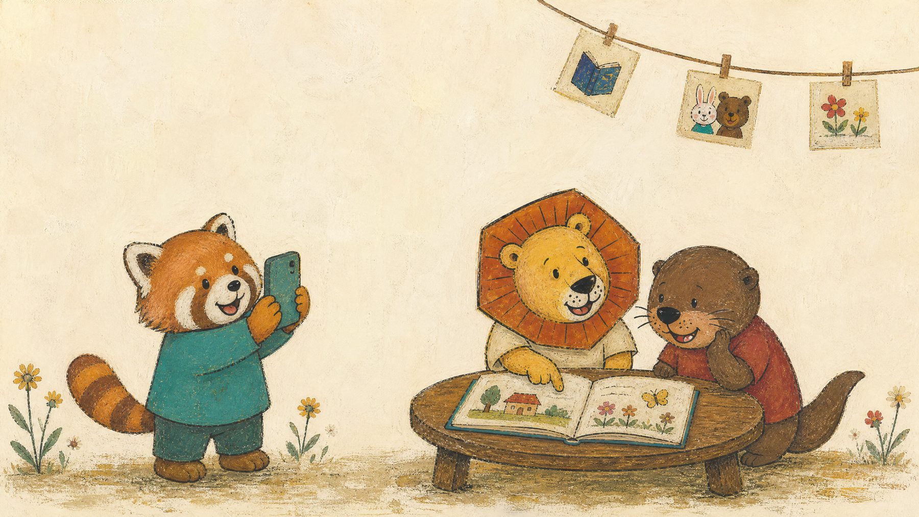 スマホで写真を撮るレッサーパンダと、テーブルで絵本を読むライオンとカワウソのイラスト