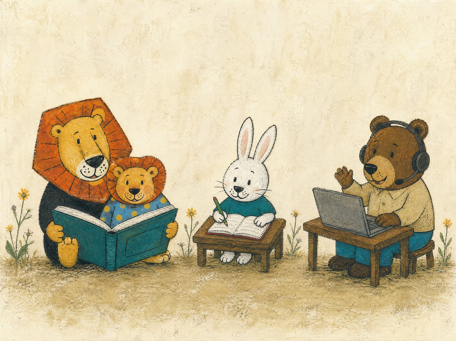 ライオンの親子が絵本を読み、ウサギがノートに書き、クマがオンラインレッスンを受けている、それぞれの学び方のイラスト