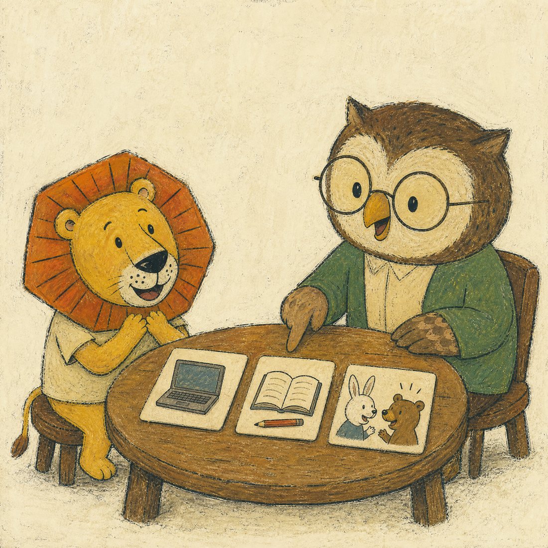 フクロウの先生がライオンに学び方を説明している、コース相談のイラスト