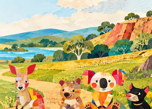 カンガルー、クオッカ、コアラ、タスマニアデビルがオーストラリアの丘に並ぶ、Picture Books Englishのイラスト