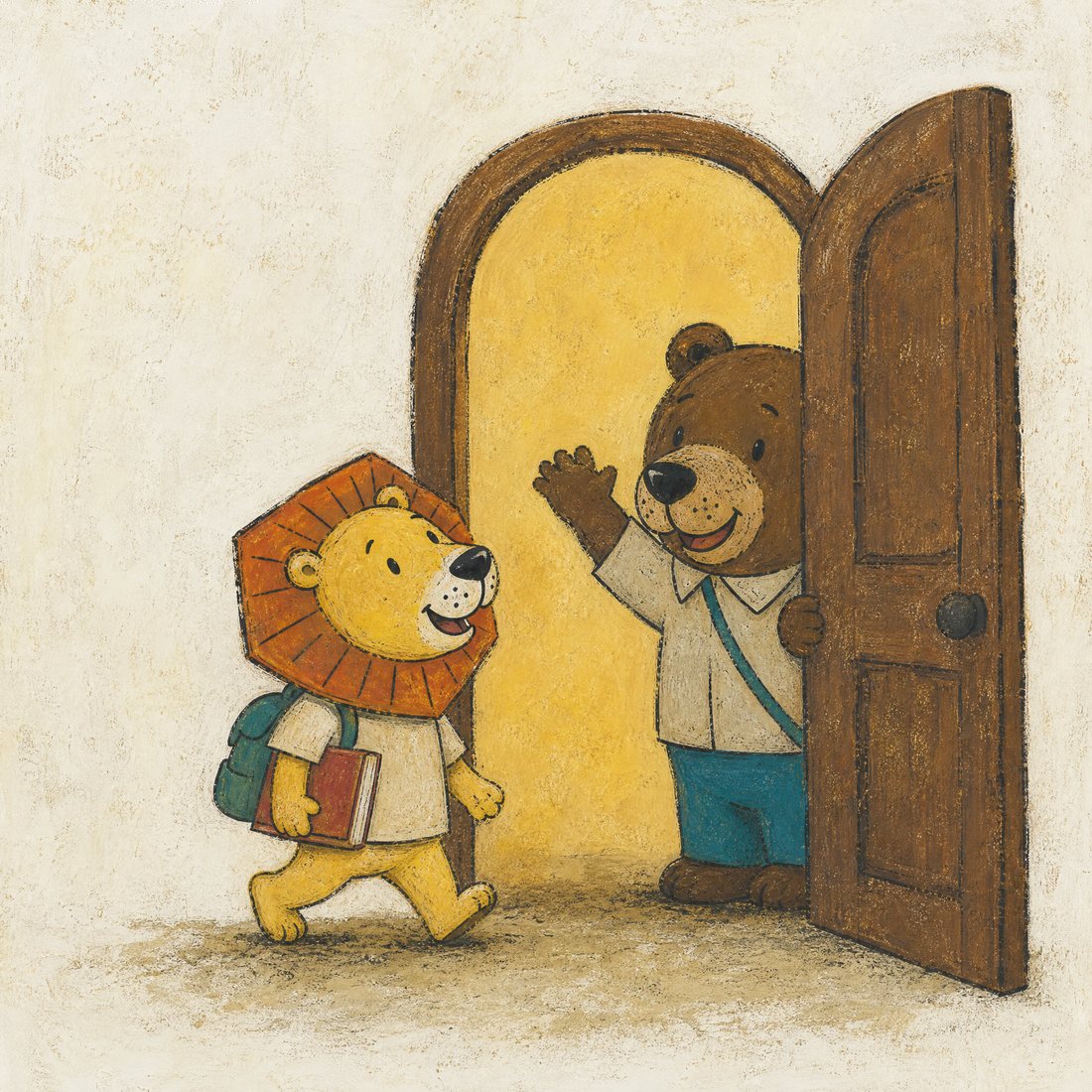 本とリュックを持ったライオンを先生が出迎える、学びのスタートのイラスト